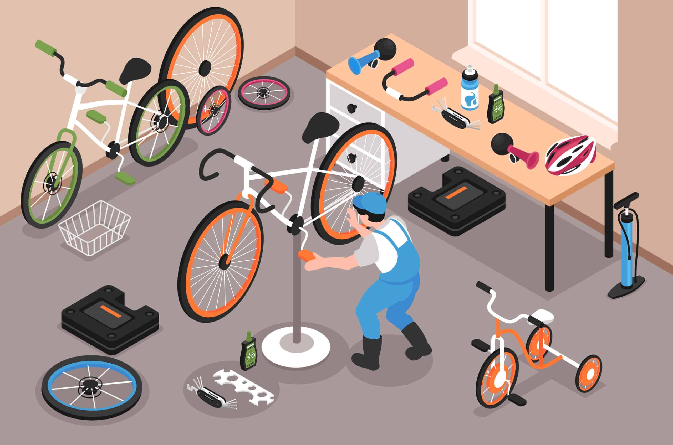 Bicycle Repairs Isometric Illustration